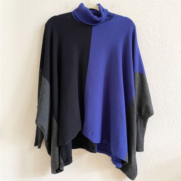 Alfani‎ Black Blue Grey Colorblock Asymmetrical Hem Turtleneck Poncho Sweater Sm - Picture 8 of 13